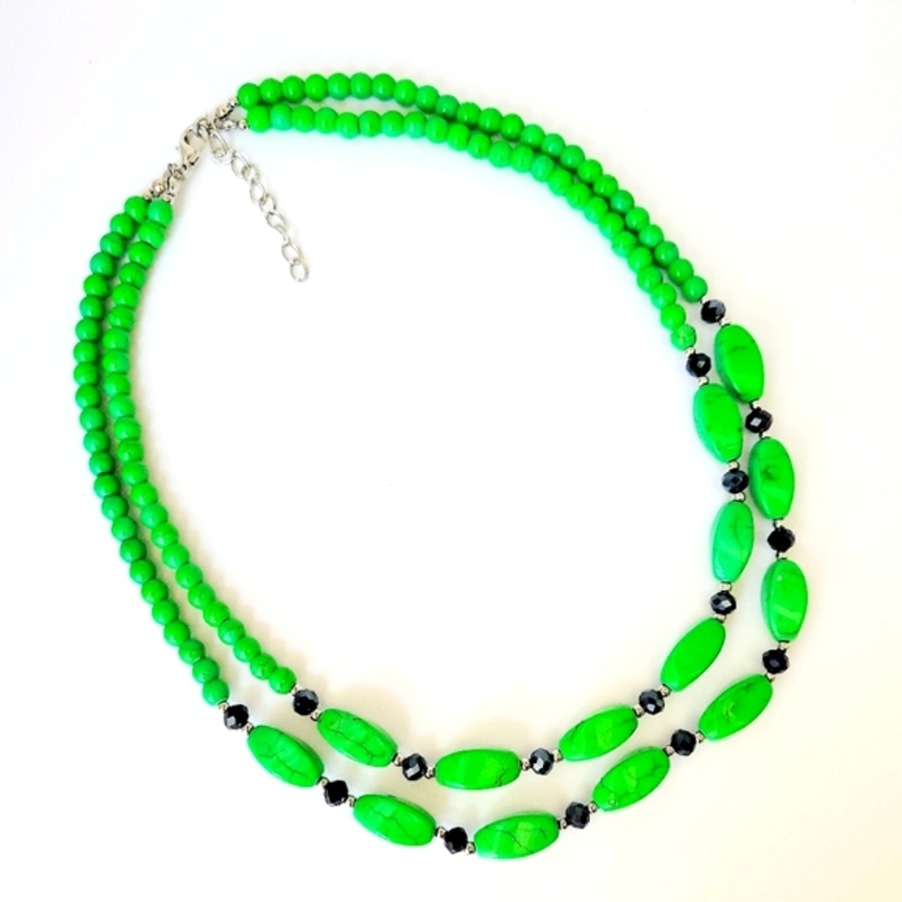 Genuine Green Howlite & Navy Blue Faceted Glass Beads, Double Strand Necklace